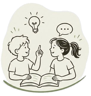 Ilustración: dos niños conversando sobre un libro