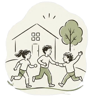 Ilustración: niños jugando frente a una casa