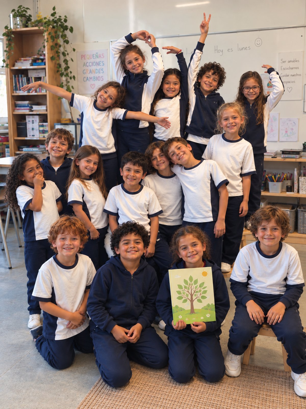 Curso completo de niñas y niños junto a su profesora en una sala de clases
